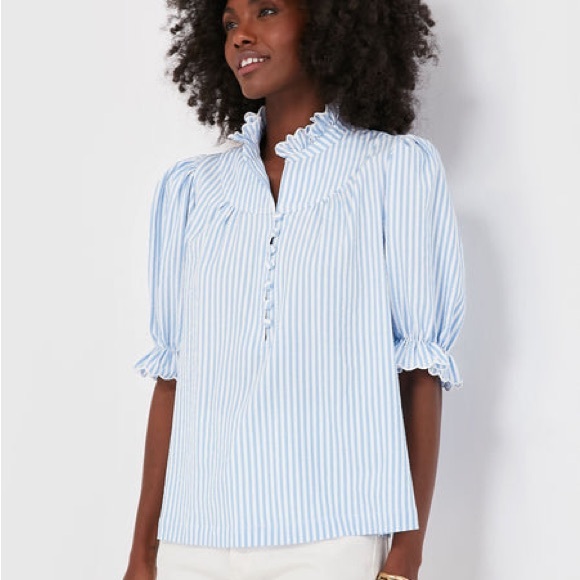 Pomander Place Tops - Tuckernuck Pomander Place  Blue Stripe Selena Blouse Top Size M Preppy Coast